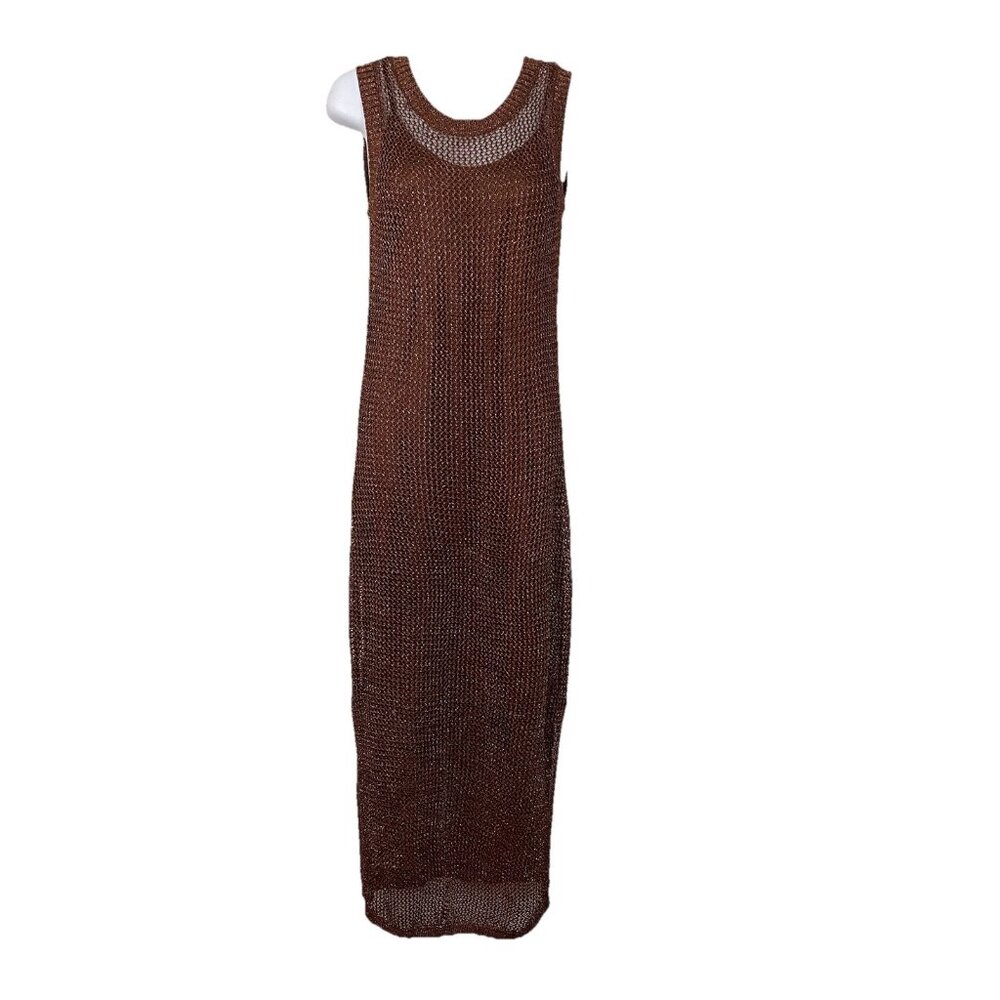 A New Day XS Knit Midi Slip Dress Crocheted Side Slit Brown Bronze Glam Stretchy